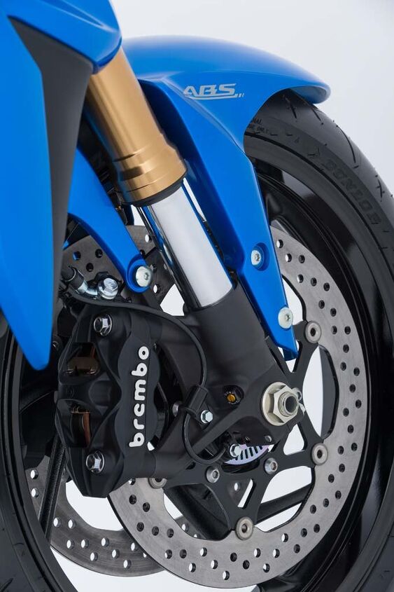 The 310mm front discs and Brembo calipers (straight off the GSX-R1000) provide massive-enough stopping power without being at all grabby when you first grab them. Suzuki says ABS only adds 1.4 lbs to the bike, and $500 to the bottom line.