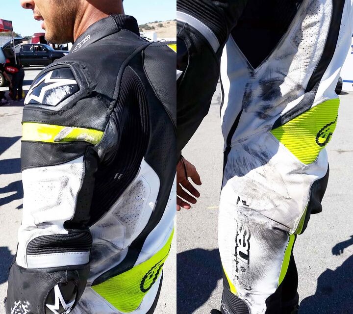 Here you can see where most of the damage was taken. Apart from some threads coming loose on the shoulder armor, the leather portion of the GP-Pro held up great. Note the leather accordion panel and reflective piping above the elbow.