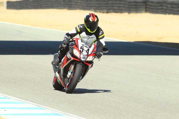 Siahaan, seen here, is 5-foot, 8-inches, 153 lbs., and even he makes the Aprilia look tiny. Apparently only small Italians named Max Biaggi look proper aboard the RSV4.