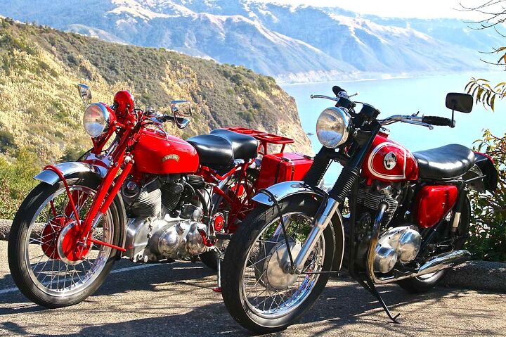 The mechanicals of old British motorcycles all but guarantee a swell portrait. The Vincent and Norton stand in stately repose, and the panorama of the Big Sur coastline doesn’t hurt either.