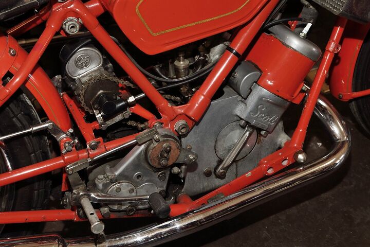 Long before the water-cooled, two-stroke Suzuki Water Buffalo, there was the Scott Flying Squirrel. “It’s so cute,” says Talbott of this 1938 example. “It’s beat up just the right amount. I love the patina.”
