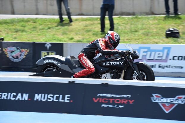 Victory’s American muscle theme on display at the American Victory Rally held earlier this summer in Colorado. NHRA Pro Stock racer Matt Smith launches his dragbike a low-7-second pass down Bandimere Speedway’s quarter-mile strip. Photo by Barry Hathaway.
