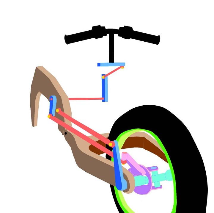 It’s really just a conventional swingarm up front, but with the sides bowed out a bit to allow the tire to move through about a 30-degree arc. The tricky part is the four spherical joints and six bearings that make it all work.