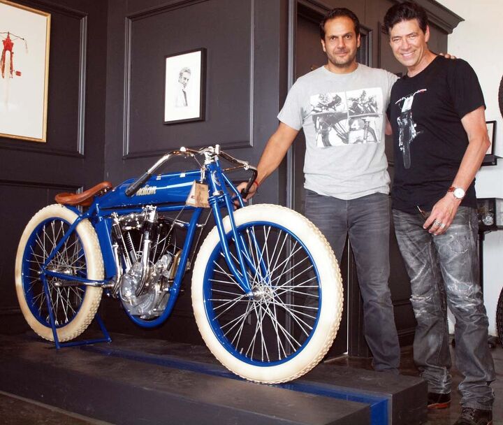 In 2007, when the French motorcycle museum closed its doors, Serge took home three bikes, one being this very rare 1914  Hendee-Indian. He’s seen here with the bike’s new owner, Bobby Haas from Dallas, who had just ridden to the shop on a Harley sidecar rig.