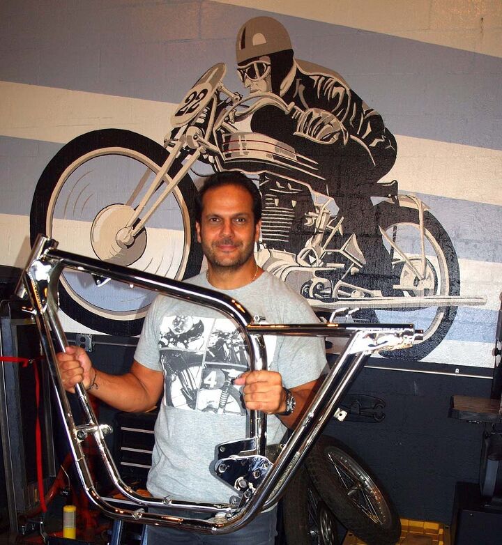 Serge both created the wall art and nickel-plated frame for a new 500cc single-cylinder BSA project.