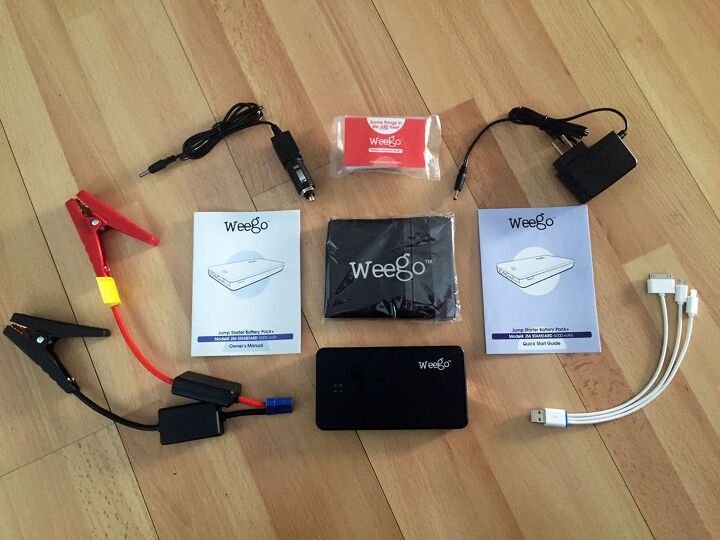 All Weego lithium jump starters come with: Pre-charged battery pack, jumper cables (with built-in circuitry protections), wall and car chargers, 3-in-1 USB charging cord, battery terminal cleaner, carrying case, instruction manual, quick start guide.