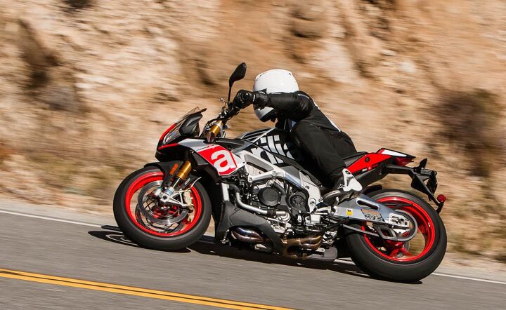 The Tuono V4 1100 Factory may not have forged wheels, but the Aprilia hardly suffers for it. Öhlins suspension is in its element on smooth, twisty roads, but the ride is a little firm elsewhere.