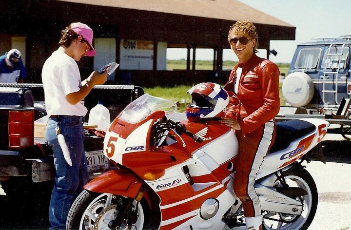 Me and the CBR600F2 I bought new in 1991 based on the glowing reviews I read in every print magazine. The money I saved racing on the stock Michelins went to my head: a Jimmy Adamo Arai and a perm! Note the pre-knee-puck Dainese leathers.