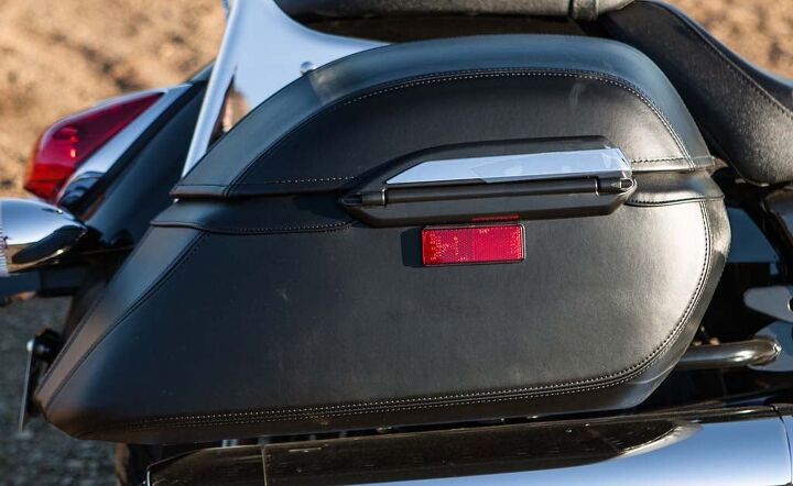 The V Star’s bags are larger, prettier, and lockable. Neither bikes’ bags are waterproof, though.