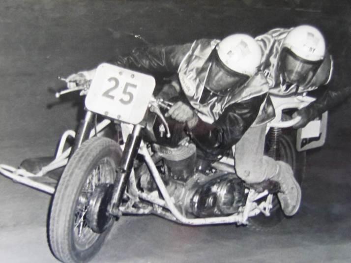 Doug Bingham’s skills on three wheels brought him Sidecar Road Racing championships in 1968 and 1969. This photo shows him piloting a Harley-Davidson-powered rig of his own design, with Ed Wade as racing co-pilot/monkey.