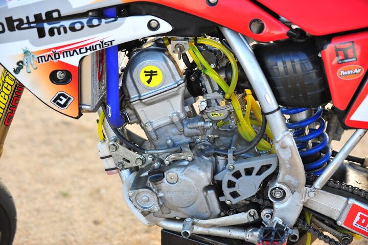 Vollmer seems to have perfected the art of CRF150R engine tuning. According to King, stock versions are notorious for hesitation from the carb on initial throttle. No such thing here. Just crisp acceleration.