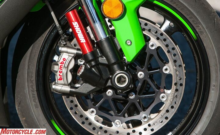 Showa’s Balance Free Fork, tech taken from the World Superbike paddock, performed well in both street and track environments, though the Brembo M50 calipers are the stars of this picture.