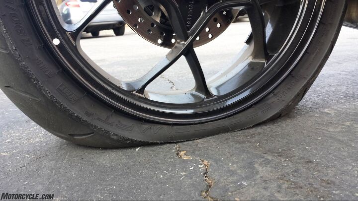 After running out of fuel on the Tuono on the way back from Buttonwillow, T-Rod used the KTM to push the Priller at up to 55 mph on the shoulder of a busy I-5, where the SDR’s rear tire found a sharp object.