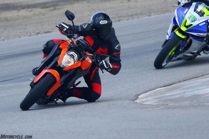 Footpeg clearance was an issue I mentioned during the Super Duke R’s media launch at the Ascari Race Resort in late 2013. WP racing suspension and adjustable footpegs from KTM’s PowerParts catalog greatly increase cornering clearance. Photo by CaliPhotography.