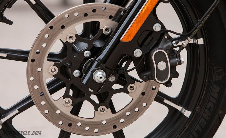 Both bikes’ two-piston slide-type calipers and single discs are perfectly adequate, but the Iron is the only one that offers ABS as a $795 option.