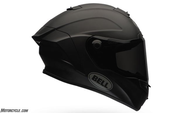 Solid colors, like this Matte Black or White, are $50 less at $449.95. The shell is a mix of Aramid, carbon fiber, and fiberglass, which Bell says has all the strength of carbon fiber in a less expensive helmet. It wears a Snell sticker in addition to a DOT one.