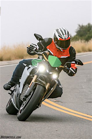 Throttle response felt very natural regardless of ride mode selection. Turning off the regen allows the Eva to free-wheel into corners like a 2-stroker – and with 615 pounds of bike and 180 pounds of rider, that’s 795 pounds of rolling momentum!