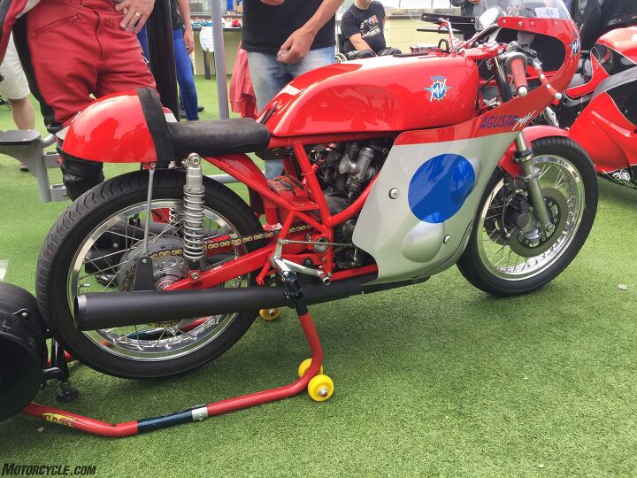A vintage MV Agusta three-cylinder race bike at Peel Bike Show.