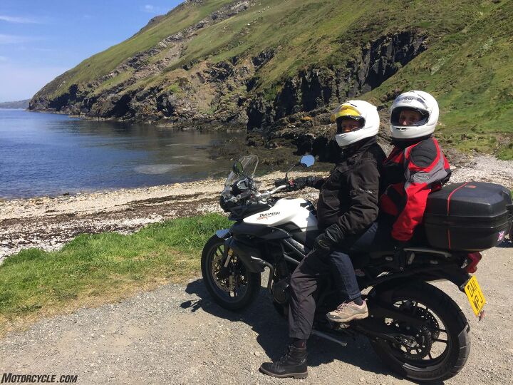 Peter and Gill Thompson from Llandudno, Wales on their Triumph Tiger at Fleshwick Bay near Port Erin, Isle of Man.