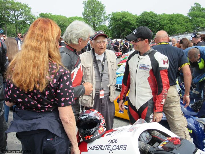 Former World Sidecar Champion Stan Dibben, now 91, at the Parc Ferme prior to the Sidecar TT Race.