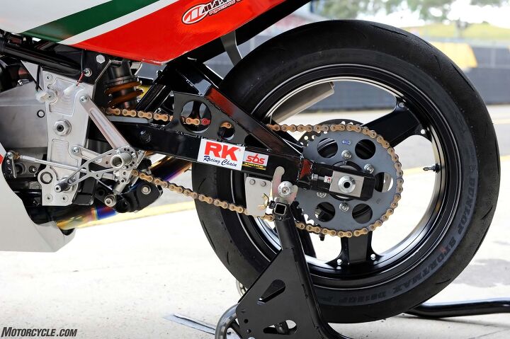 Ohlins special shock with 11 kg/mm spring, ZX-12R wheel, braced swingarm, Brembo rear brake and, C&amp;C Engineering rearsets.