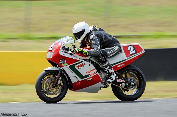 Tucked in at the Eastern Creek front chute approaching the 165-mph mark, not far off a modern superbike.
