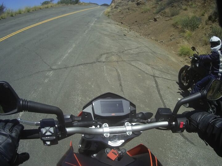 This screengrab from Sean’s helmet cam shows how hard the KTM’s TFT display is to see. Yes, the bike is running, but the display is pointed almost straight up and harsh sunlight blocks any view of the screen. 