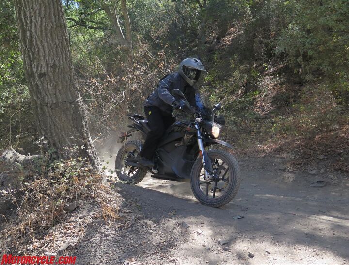 A higher handlebar wouldn’t hurt, but the bike’s suspension and 19/17-inch wheels make quick work of dirty backroads.