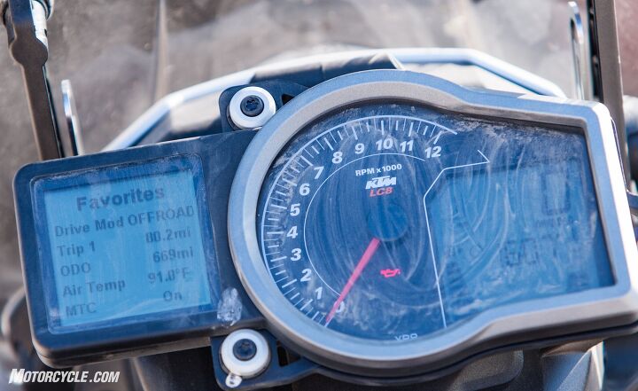 KTM’s instrument cluster is simple, and accessing the various electronic settings are straight-forward once you’ve done it a few times. The “Favorites” can be manipulated to display whatever information is pertinent to your situation.