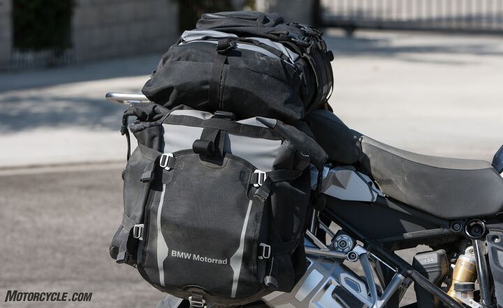 The Atacama Adventure Luggage System on our test bike is new from BMW, and the only soft luggage in the test. Both the saddlebags and the top case are waterproof, durable, much lighter and more flexible than hard luggage. The top case includes backpack straps, and is large enough to fit a tent, sleeping bag, pillow and bed roll.