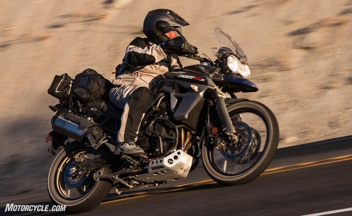 The most dirt-oriented Tiger 800 in Triumph’s lineup, the XCx, was lauded as an exceptionally sporty street machine. The inline-three-cylinder engine can take a lot of the credit, as Triumph Triple streetbikes are well-loved by the MO brigade.