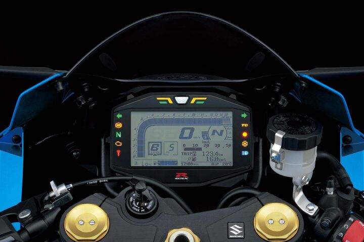TC 5, Cap’n. Suzuki Drive Mode Selector (A,B and C) allows the rider to pick one of three engine power delivery characteristic settings. This is the GSX-R1000 panel; the GSX-R1000R gets light numerals on a black background. Both are 6-way brightness adjustable and packed with a ton of info.