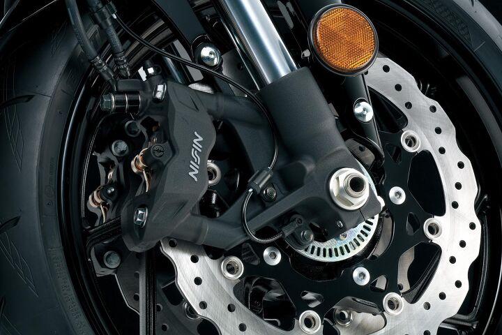 We complained about the cheap front brake; Suzuki shut us down with the addition of these nice 310mm petal discs and radial four-piston Nissin clampers.