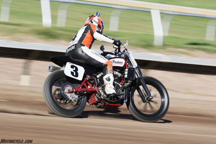 Even on the rough and sandy Santa Rosa Mile, Carr showed the form of the seven-time AMA National Champion that he is during our Monday test session. Carr reported that the Scout FTR750 possesses an amazing combination of linear power and a high-rpm thrust. 
