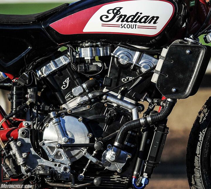Blending old-school and new-tech, the Scout’s liquid-cooled, 53-degree, DOHC, eight-valve, V-Twin is capable of making over 110 horsepower while revving safely past 10,000 rpm. The engine weighs around 106 lbs.