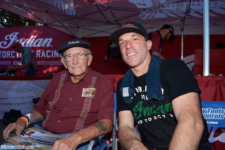 It’s a generation thing: Bill Tuman (left) was the last man to give Indian an AMA National Flat Track Championship, winning in 1953, the same year that the original Springfield, Massachusetts-based Indian ceased motorcycle production. The 95-year-old Tuman was on hand at Santa Rosa to watch the Scout FTR750 makes its competitive debut.