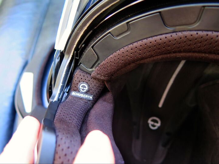 Right about where the Schuberth logo is would be a good place to leave an indent for glasses. The fully removable/washable interior is made of COOLMAX and Thermocool and other high-tech materials designed to keep your head cool and dry.