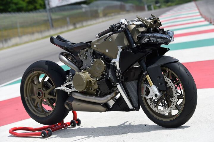 Here's Ducati's 1199 Superleggera unclothed and showing its magnesium frame that will be replaced by a carbon unit on the 1299 Superleggera. Aluminum swingarm and wheels will also be replaced by carbon components. 