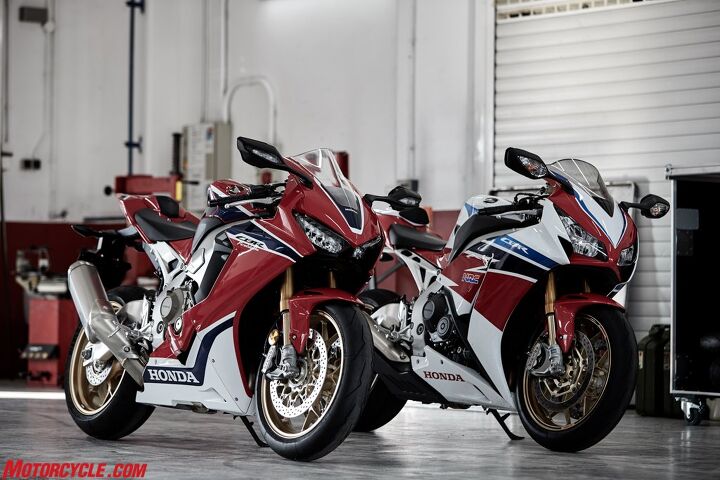New and old CBR1000RR SPs together. While not revolutionary, the new SP is a big step forward in the evolution of the CBR.