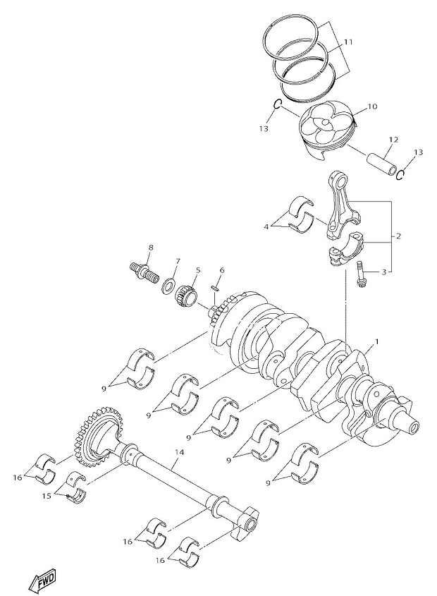 Yamaha’s Crossplane crank needs to spin this large balance shaft (part #14 on <a style="color: #3ec5ff;" href="http://www.bikebandit.com" target="_blank">BikeBandit’s</a> fiche) to quell its vibes; Suzuki’s new GSX-R1000 does away with the small balance shaft it used last year, joining other balance-shaft-free inline Fours like the <a href="http://www.motorcycle.com/manufacturer/bmw.html" target="_blank">BMW</a> S1000RR, <a href="http://www.motorcycle.com/manufacturer/honda.html" target="_blank">Honda</a> CBR1000RR and others.