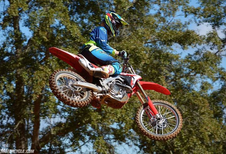 We sampled the CRF450R at Monster Mountain in Alabama. Test rider Nic Garvin enjoyed flying the CRF450R through the trees at the picturesque venue.