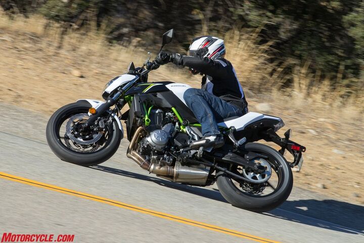 Light makes right, and at 406 lbs (claimed, 410 with ABS), the Z650 is tons of fun to toss around.