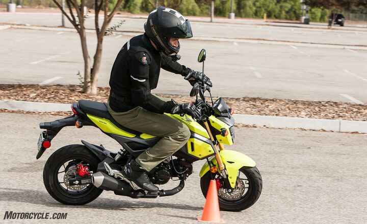 As part of the Grom’s design refresh, it now looks more like an anime character. Here, guest tester Arman Bedrosyan maneuvers it around our weave course.