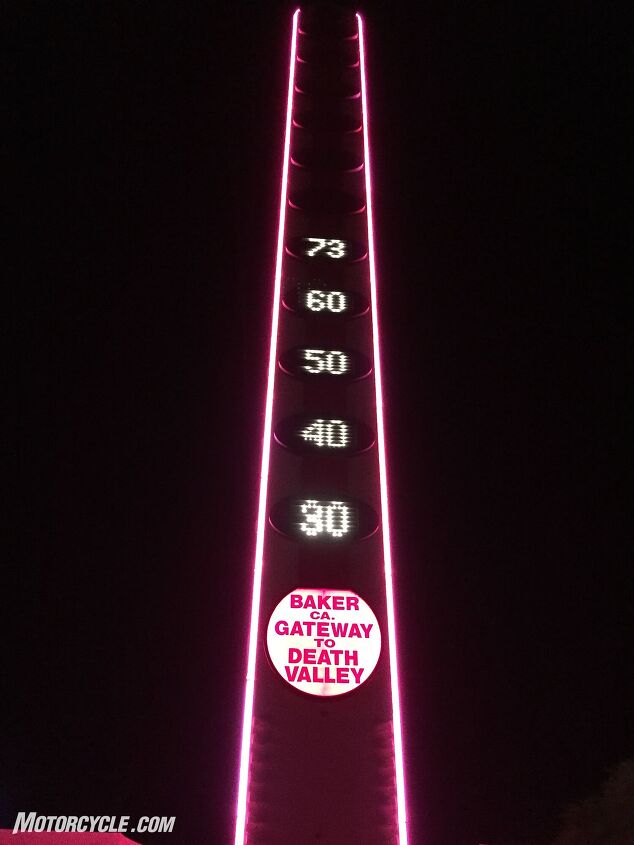 The world’s tallest thermometer beckons with food and fuel for the ride home.