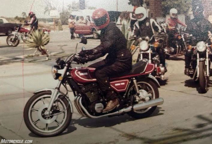 Longtime Yamaha employee Mark Porter, then just 23 years old, is astride the 2D version of the XS750 during California testing back in the day. Halfway through the 1977 model year emerged the 2D version of the XS750, red with black wheels and a 3-into-2 exhaust. Note the muffler on the left side that was absent on the previous year’s XS750D. Nearly four decades later, Porter still works for Yamaha’s U.S. arm as head of testing.