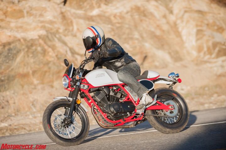 With a 29.5º rake angle, the Buccaneer Cafe tends to flop into corners. A sportbike the Buccaneer Cafe is not. 