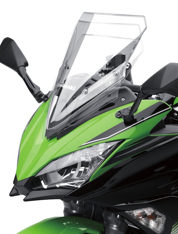 The 2017 Ninja 650 features a three-way adjustable windscreen. Other niceties include adjustable clutch and front brake levers, a narrow seat/tank junction, and comfortably dense seat material. Among other accessories, the seat cowl is especially stylish and dresses-up the look of the Ninja 650 for not much money.