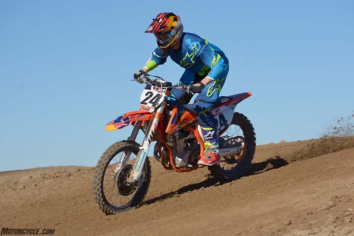 KTM really has its suspension figured out properly. Most of our test crew reported that the 450 SX-F Factory Edition’s fork and linkage rear suspension delivered a balanced ride on the track.