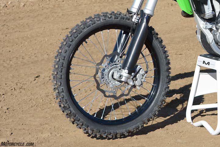 The 270mm rotor on the Kawasaki KX450F is tied with the Yamaha for the largest in the class. Even so, our testers were looking for more power out of the Kawasaki’s front brake.