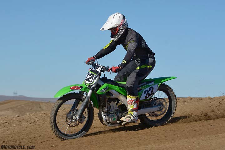 The KX450F’s suspension drew mixed reviews during testing. The consensus is that the Showa SFF-TAC air fork is stiff over small bumps and is hard to bring into balance with the KX’s plush Uni-Trak rear end.